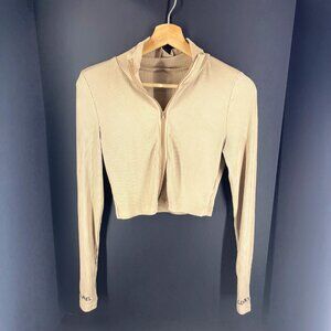 Beige Ribbed Zip-Up Long Sleeve Crop Top With "Lucky" Cuffs - M